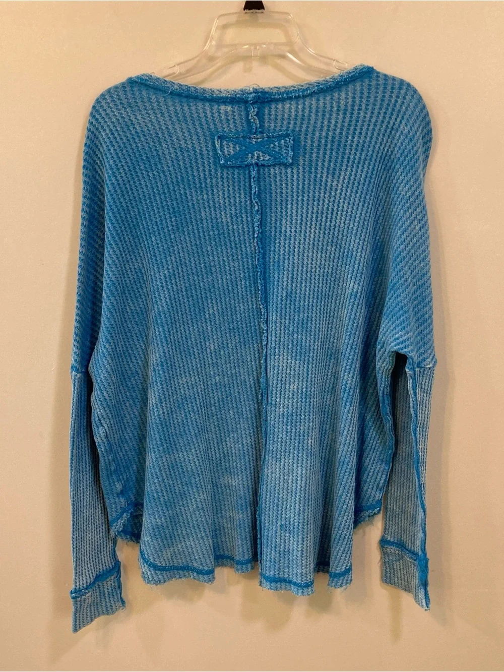 Zenana Mineral Washed Waffle Knit Thermal Top Sz XL Womens Blue Cotton Raw Edge